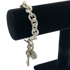 Link Bracelet Lock And Key Pave Heart Dangle Silver Tone Toggle Clasp 7"